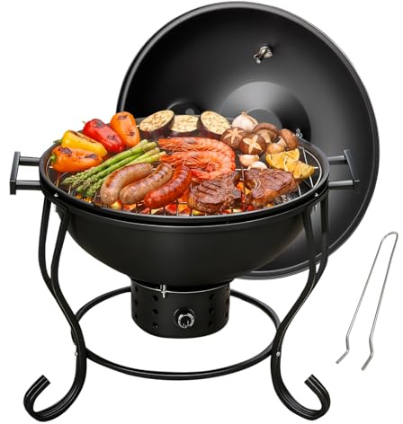 Tragbarer Holzkohlegrill mit Ventilator, Thermometer und regulierbarer Luftzufuhr, kompakter Kettle Grill für Camping, Picknick, Tailgating und Outdoor BBQ
