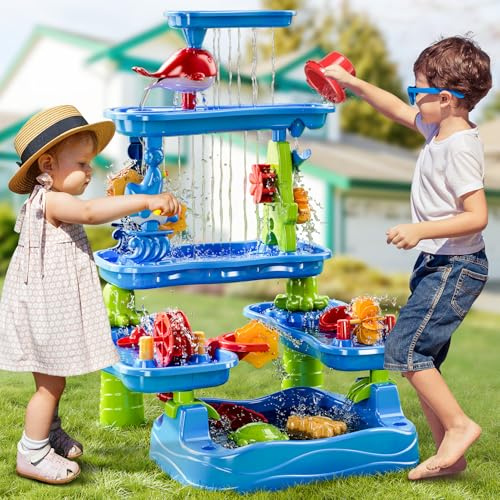 BLmukce 5-stufiger Sand- und Wassertisch, Outdoor Sensorik Spielset für Kinder, Sommer Strandspielzeug für Kleinkinder 2-3 4-8 Jahre, Wassertisch mit Zubehör für Jungen Mädchen