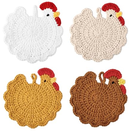 Flaxarne Set di 4 Sottobicchieri all'Uncinetto a Forma di Gallo,Divertente Regalo Animali Fattoria per Casa e Scrivania