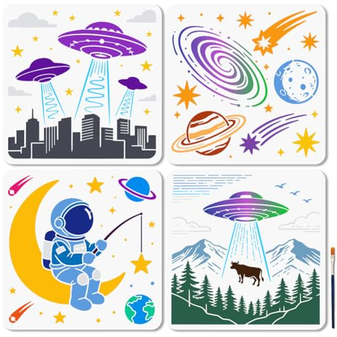 MAYJOYDIY 4 plantillas espaciales reutilizables UFO astronauta plantillas para pintar 30 x 30 cm estrella luna para colorear con pincel para pared muebles lienzo decoración del hogar