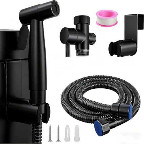 Pulvérisateur de Bidet à Main Noir, Kit Douchette WC Complet en Acier Inoxydable, Douche WC avec Tuyau 1.5m, Pression d'Eau Réglable pour Hygiène Intime, Salle de Bain, Bébé et Animaux | Convient pour l'hygiène intime, les couches en tissu, le soin des sols, les douches pour animaux de compagnie ; raccord G1/2