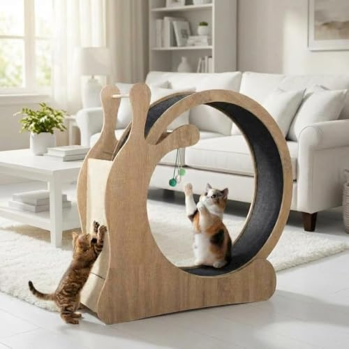 Katzenlaufrad XXL 95cm – Ultra Leises Katzenrad Mit Kratzbrett & Spielbällen – Sicheres Laufrad Für Katzen Mit Einklemmschutz & Abnehmbarem Teppich, Katzenlaufband Für Wohnungskatzen - Holzfarbe
