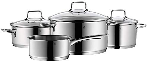 WMF Astoria Topfset Induktion 4-teilig, Kochtopf Set mit Glasdeckel, Cromargan Edelstahl poliert, Induktions Töpfe Set unbeschichtet