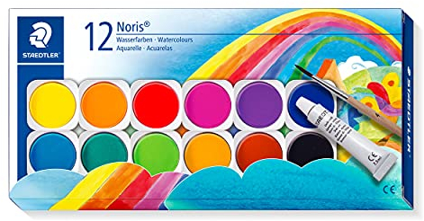 STAEDTLER Farbkasten Noris Club, leicht mischbare Wasserfarben, hohe Farbbrillanz, hervorragende Deckkraft, Set aus 12 auswechselbaren Farbtöpfchen, 1 Tube Deckweiß und 1 Pinsel, 888 NC12
