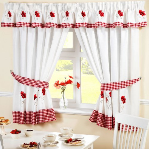 Homespace Direct Cortinas Plisadas para Cocina con diseño de Amapolas y alzapaños con Cuadros Rojos y Blancos, Tela, Rojo, 46 x 48-Inch