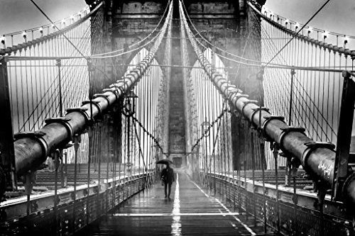 Man With Umbrella On Foggy Brooklyn Bridge At Dusk Black and White Photo Photograph Cool Wall Art Print Poster 36x24