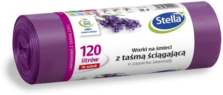 STELLA 009923 - Sacchetti per la spazzatura con cordino, 120 l, 10 pezzi, profumo di lavanda, sacchetti per la spazzatura domestica, per ufficio, in pellicola LDPE, colore: lavanda/viola