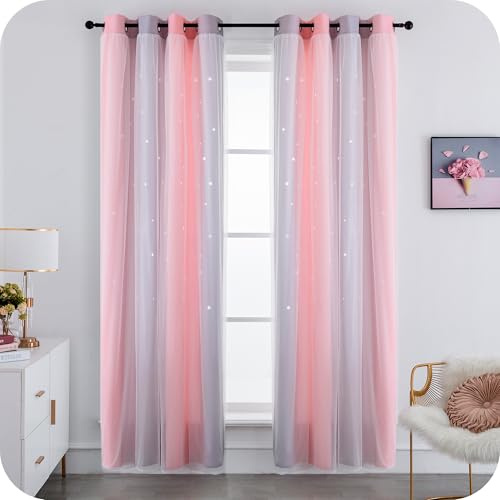 GIRASOLE HOME® Coppia Tende Doppio Velo Oscuranti Morbide Fantasia Stelle Vuote Tenda Isolante per Camera e Cameretta Bambini 2 Pannelli con Occhielli (140x235cm, Rosa e Violetto)