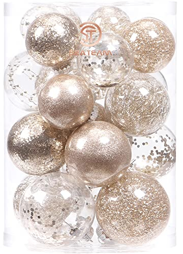 Sea Team Multi-Size Shatterproof Clear Plastic Christmas Ball Ornaments Decorative Xmas Balls Baubles Set with Stuffed Delicate Decorations (25 Counts, Champagne)