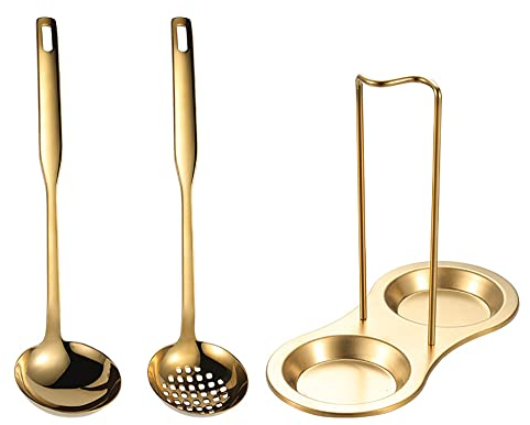 Anller Stainless Steel Standing Spoon Rest with Two Resting Dishes, Double Spoon Racks, Upright Ladle Holder (3 in 1 (Gold))