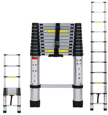 Tubiaz - Scala telescopica in alluminio, blocco di sicurezza su più gradini, allungabile, antiscivolo, multiuso, carico massimo 150 kg, 3,2 m