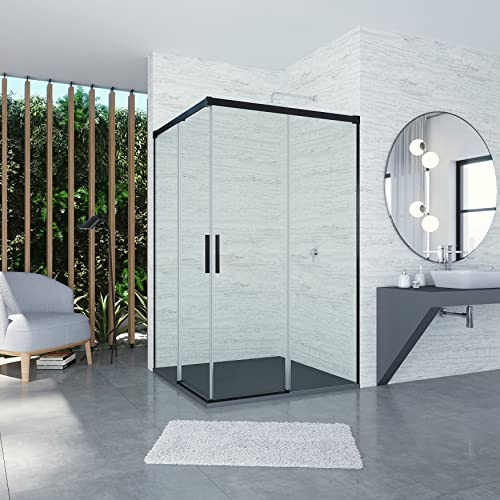 ANUKET, mampara de ducha, vidrio transparente, altura-198,5cm, rango- (117-120x87-90), aluminio, Negro mate, Angular 2 hojas correderas + 2 hojas fijas, 90x120cm