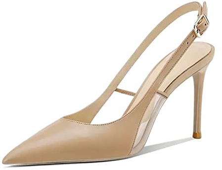 Saekcted Femmes Aiguille Haut High Talon Heel Fermé Pointu Bout Sandales Lanières Cheville Slingback Boucle Party Sexy Chaussures Beige 37 EU
