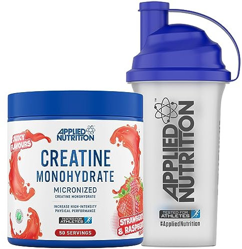 Applied Nutrition Creatine + 700ml Shaker | Creatine Monohydrate Micronized Powder with Flavour, Increases High-Intensity Physical Performance (250g - 50 Servings) (Strawberry & Raspberry)