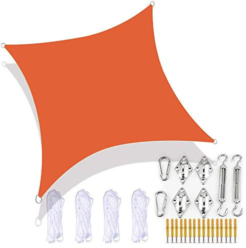 PROPFE Sun Shade Sail Rectangle, 15 Sizes 15 Colors Garden Canopy With Hardware Fixing Kit, 4 Tie Ropes, Waterproof, UV Block, Washable, Patio Sunscreen Awnings For Hot Tub Pergola,orange,6x6m