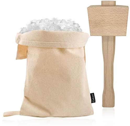 Cakasi Lewis Bag and Ice Mallet Crush Set, Wooden Hammer Reusable Canvas Bag for Crushed Use Home Party Bar Kitchen Dried Crushing Drinks