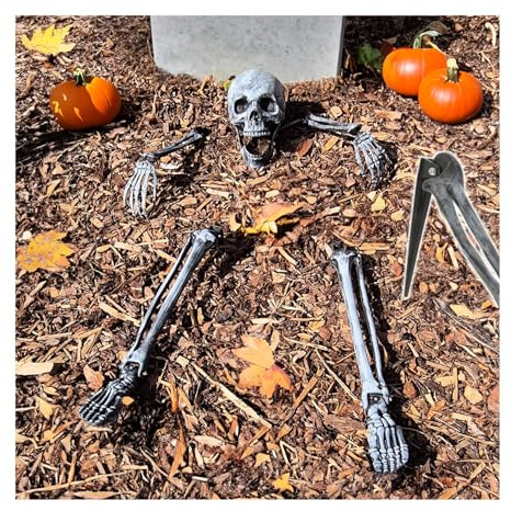 com-four® 5-teiliges Knochenset, Premium Halloween Dekoration | menschliches Teil-Skelett mit Erdanker - künstliche Knochen als Friedhofs-Deko für den Garten