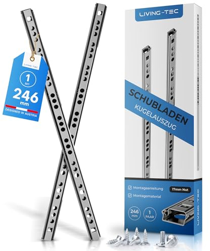 LIVING-TEC Schubladenschienen 246 mm 1 Paar Gleitschiene 17 mm Nut Stahl | Auszugsschienen für Schubladen & Möbel - leichtgängig, inkl. Montageschrauben - für Küche, Büro & Werkstatt