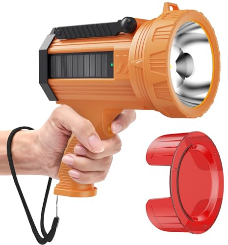 BUYSIGHT - 1000,000 Lumens 600 Yard Range Rechargeable Flashlight, Solar Charging, Large Flashlights with USB C Side Flood Light Red Lens (Solar Orange)