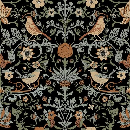 FunStick Black Floral Wallpaper Vintage Wall Paper Flower Bird Tropical Wallpaper for Bedroom Vinyl Wall Paper Floral Bird Tropical Furniture Wrap Vinyl Dark Sticky Back Plastic 44.5CMx3M