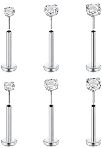 FECTAS 6pcs Senza Filo Push-in Cartilagine Tragus Helix Piercing Gioielli Flat Back Stud Orecchini in Acciaio Inox 16G 10mm Lip Bars Labret Stud Lip Ear Medusa Piercing 2mm 3mm 4mm CZ Silver