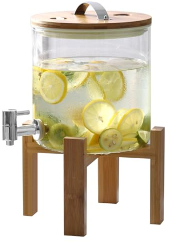 Dispenser per bevande a forma di barile, 5 l, dispenser trasparente con base in legno, per alcool con rubinetto, caraffa per whisky, bibite (A)