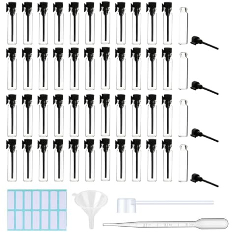 Lot de 50 flacons vides en verre pour échantillons de parfum - 3 ml - Bouchon noir - Flacons à essai rechargeables pour aromathérapie, parfum et liquide