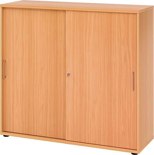 bümö Schiebetürenschrank 3OH - Aktenschrank abschließbar, Sideboard Schrank mit Schiebetüren in Buche, Bügelgriff - Büroschrank aus Holz mit Schiebetür, Büro Kommode für Ordner & Co.