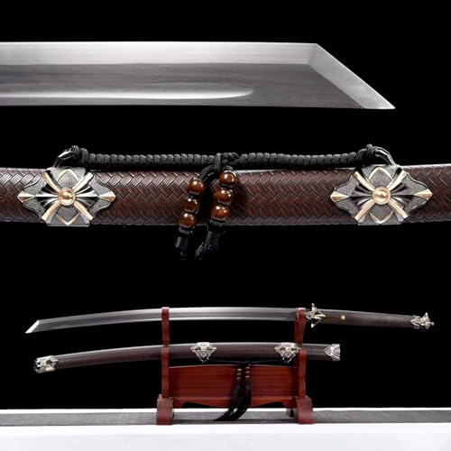 【Die Schönheit Kalter Waffen】Handgefertigtes Schwert aus Manganstahl,Naturholz überzogene Leder Scheide mit Metallverzierung,106cm Katana für Cosplay,dekor,Geschenke,Sammeln,Ausstellen,Kampfsport