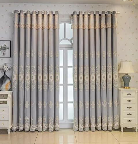 Beydodo Gardinen mit Schlaufen 2er Set, Verdunklungsvorhänge Grau Doppellagig Stickerei mit Blumen Motiv 137x183CM Gardinen Blickdicht Ösenvorhänge Kinderzimmer Wohnzimmer