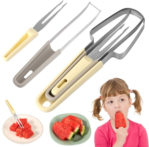 3 en 1 Cortador de Tenedor de Sandía, Acero Inoxidable Cortador de Sandia Rebanador Cuchillo Cortador de Melón Fruta Herramienta de Corte de Sandía Multifuncional Utensilios de Cocina (Beige)