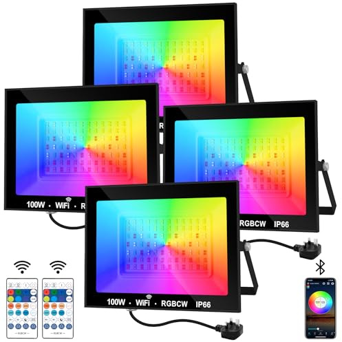 NATPOW RGB Floodlights, Flood Lights 100W Colour Changing LED Security Lights Outdoor with Remote&APP Control, IP66 Waterproof LED Wall Light for Garden Landscap, Hallowen Stage Decoration(4Pack)