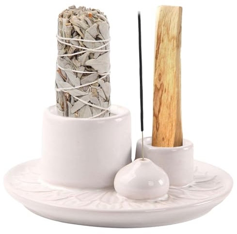 Soporte para incienso 4 en 1 de cerámica, soporte para incienso de palo, soporte para meditación, accesorios para cada incienso, salvia blanca, conos de incienso, palos, palillos de palo.