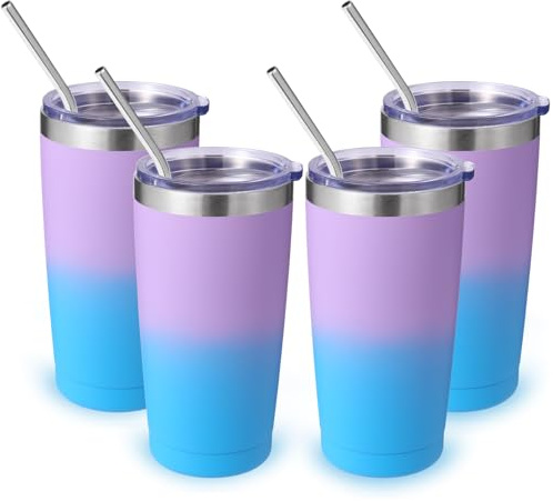 Volhoply 550 ml reseisolerat glas med lock och sugrör storpack 4-pack, dubbelvägg rostfritt stål kaffemugg passar kopphållare, pulverlackerad kopp för varma och kalla drycker, BPA-fri (lavendel, 4 set