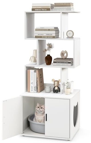 COSTWAY Cat Litter Box Enclosure with 3 Shelves (White, 60x45x142cm) | 2 in 1 Hidden Cats Washroom Furniture, Side Entrance, Indoor Wooden Cat House Bookshelf