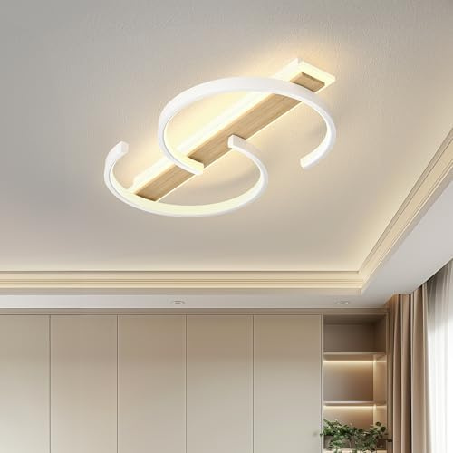 LUOLONG LED Deckenleuchte Dimmbar Deckenlampe Holz Wohnzimmerlampe 45w Mit Fernbedienung 2-Ringen Kreis Bambus Deckenleuchte Weiß Schlafzimmerlampe Arbeitzimmer Büro Modern LED Deckenbeleuchtung-50cm