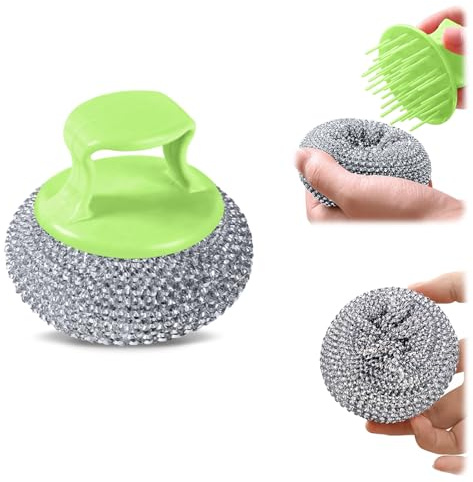 10er Pack Stainless Steel Wool Scrubber with Handle, Pot Scrubbers Dish Scrubber Cleaning Brush Wash for Dish, Stainless Steel Scrubbing Brushes Cleaning Supplies for Pots, Pans, Grills, Sink (Green)