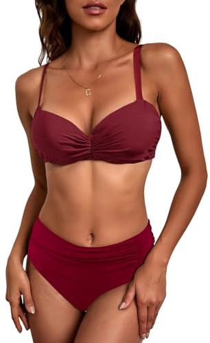 JFAN Kvinnors badkläder 2 delar rynkad hög midja bikini set med avtagbara axelband push up bikini set, Bourgogne, L