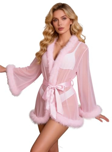 ohyeahlady Plus Size Kimono Dam Kort Fjäder Tullklänning Nattkläder Rolig Långärmad Badrock Badrock Badrock Baddräkt Kofta Bikini Pyjamas Underkläder, Rosenröd, XS/S