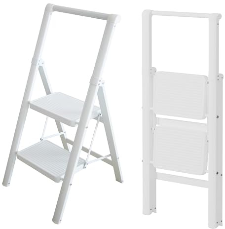 UABA Escalera Plegable 2 peldaños Blanca, Liviana y compacta 5 cm, peldaños Anchos Antideslizantes, EN 131 150 kg