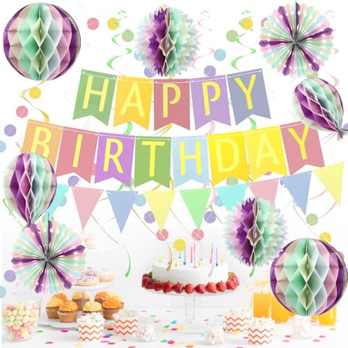 Decoracion Cumpleaños Mujer Hombre, Decoraciones para Fiestas, Banderín Feliz Cumpleaños Decoracion, Suministros para fiestas, Cintas de Tela y Guirnaldas de Banderitas, Abanicos de Papel