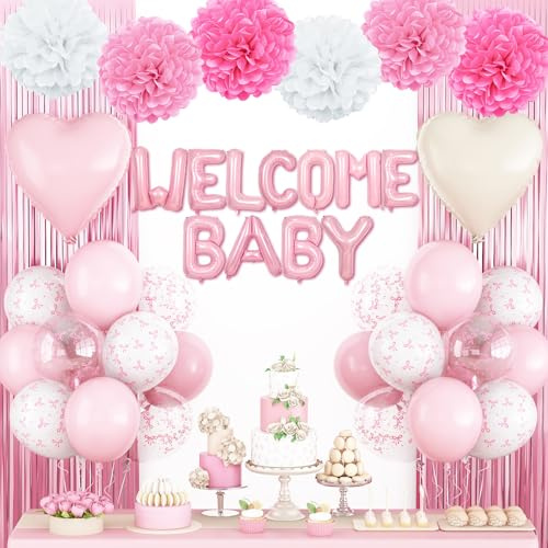 Pink Baby Shower Decorations with Welcome Baby Foil Balloon Banner