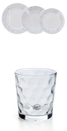 Lote de QUID DENVER - Vajilla Porcelana 18 Piezas- 6 Personas + Quid Kata - Set 6 vasos forma baja 26cl, Aptos para lavavajillas, vidrio