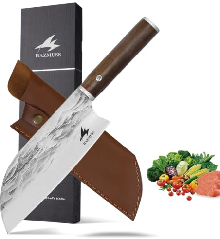 HAZMUSS Cuchillo de Chef Forjado a Mano, Cuchillo Para Trinchar de Acero Inoxidable de Alto Carbono de 19,5 cm Con Funda de Cuero Para Cocina, Cocina al Aire Libre y Parrilla