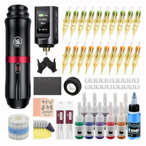 LIUMATE Maschine Set mit Drahtlose Batterie 1900mAh Drahtlos Stift 20 Patronen Nadel 10 Tinten Transferpapier Komplettes Zubehör