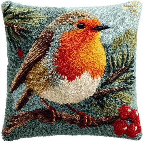 Taxpy Latch Hook Pillowcase Embroidery Kit,Robin On A Branch, 17X17 Inch Pre-Printed Latch Hook Rug Cushion Cover Kits for Adults and Beginners Cross-Stitch Embroidery Cushion Kit for Home Sofa De