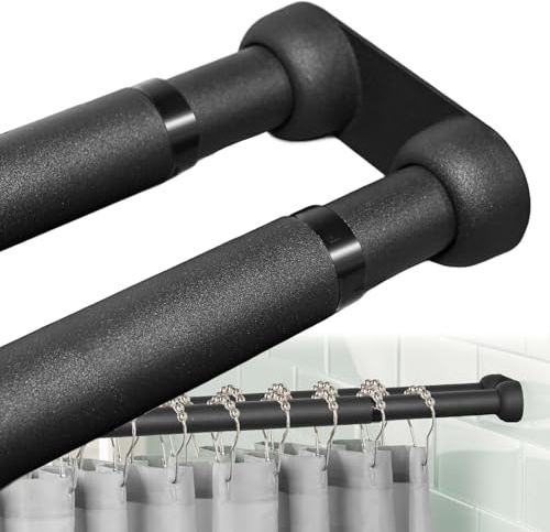 Double Shower Curtain Rod 27-47 Inches Wall Mounted Double Shower Curtain Rod Adjustable Curtain Rod for Bathroom Laundry Room Room Divider Kitchen, Black