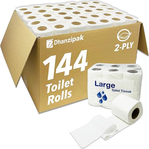 DHANZIPAK Bulk Toilet Rolls 2-Ply – 144 Pack | Soft & Strong White Bathroom Tissue | Long-Lasting Value Pack for Homes, Offices & Businesses | Eco-Friendly & Septic Safe | Premium Quality Toilet Paper