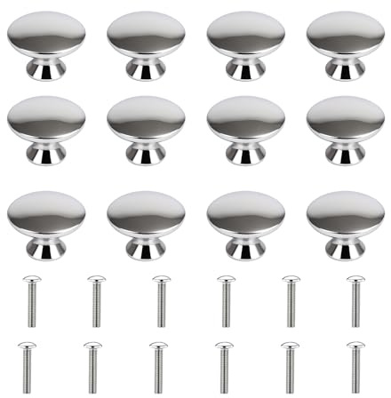 12Pcs Cabinet Drawer Knobs Silver Polished Chrome 1.18/30mm Round Mushroom Drawer Handles with Screws for Kitchen Bathroom Cupboard Wardrobe Dresser Drawer Furniture