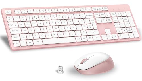 LeadsaiL Wireless Keyboard and Mouse Set, 2.4GHz USB Computer Keyboards and Mouse Combo, Soft Touch, Full Size UK QWERTY Layout with 12 Multimedia Shortcuts for HP/Lenovo Laptop and Mac-Pink and White